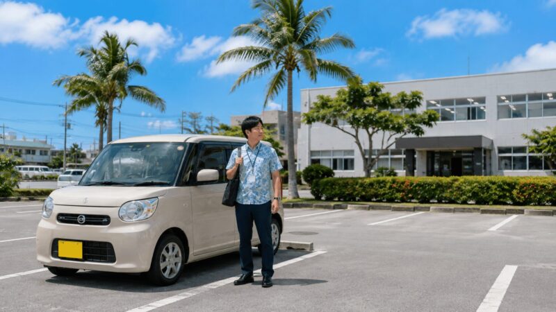 かりゆしウェアを着たサラリーマンと軽自動車