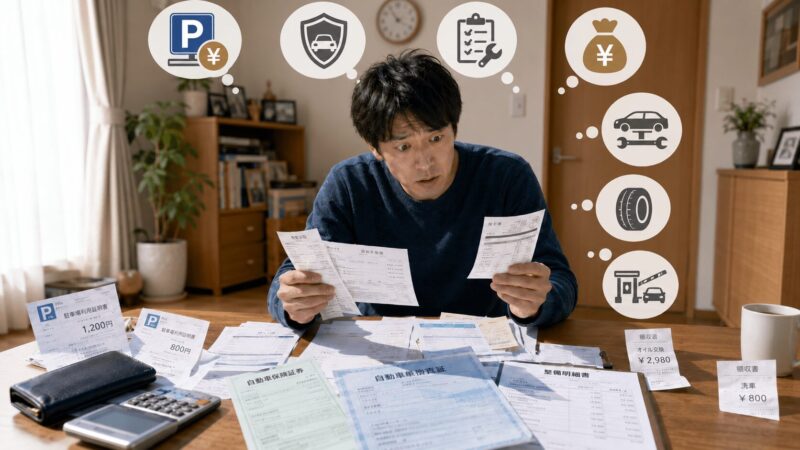 マイカーにかかる維持費を計算している男性