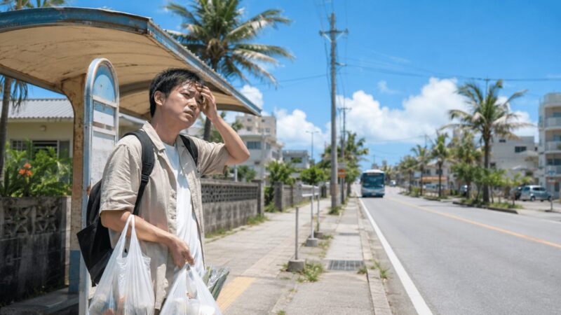 バス停でバスを待っている男性