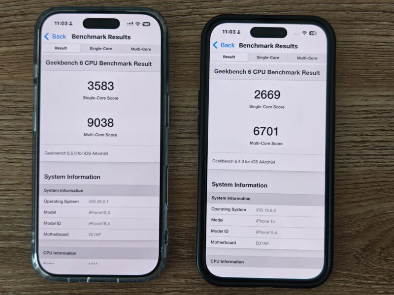 iPhone17& iPhone15
Geek bench6測定(CPU)