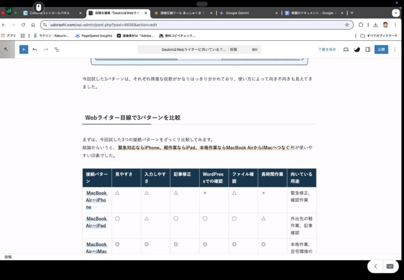 MacBook Airで記事を確認（DeskInで瀬t族中）