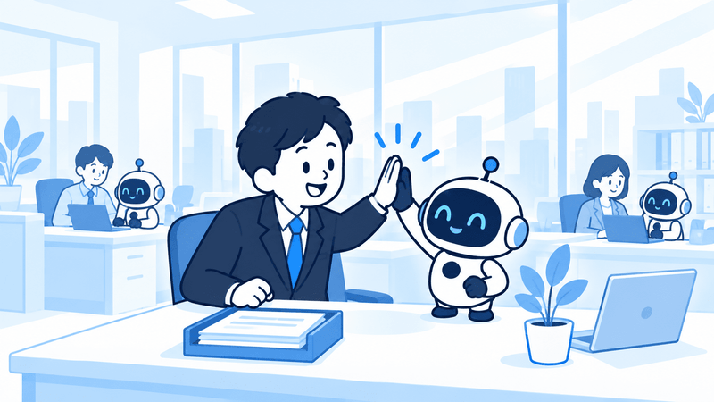 担当者とAIエージェントがハイタッチする、業務運用が定着したイメージ