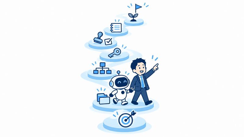 AIエージェントで業務運用を変える7つのポイントを飛び石で表したイラスト