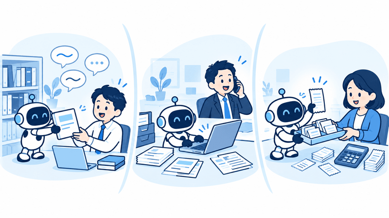社内問い合わせ、営業事務、経理でAIエージェントが仕事を手伝うイラスト