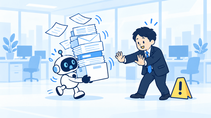 仕事を一度に任せすぎて慌てるAIエージェントを、担当者が止めるイラスト