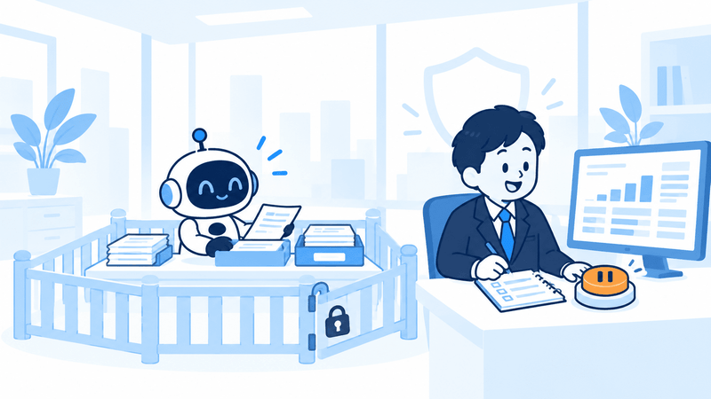 権限を区切った範囲でAIエージェントを動かし、記録を確認する安全な運用のイラスト