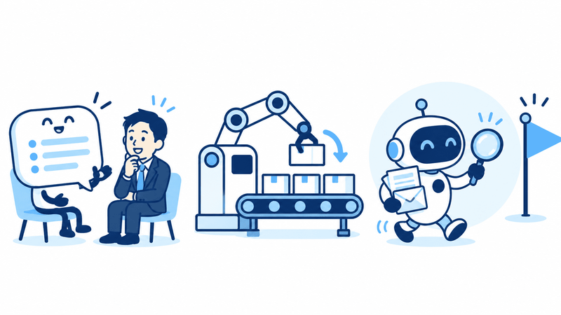 チャットAI、RPA、AIエージェントの違いを表したイラスト